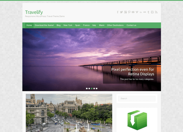 写真ブログ用の無料WordPressテーマ「Travelify」のトップページイメージ