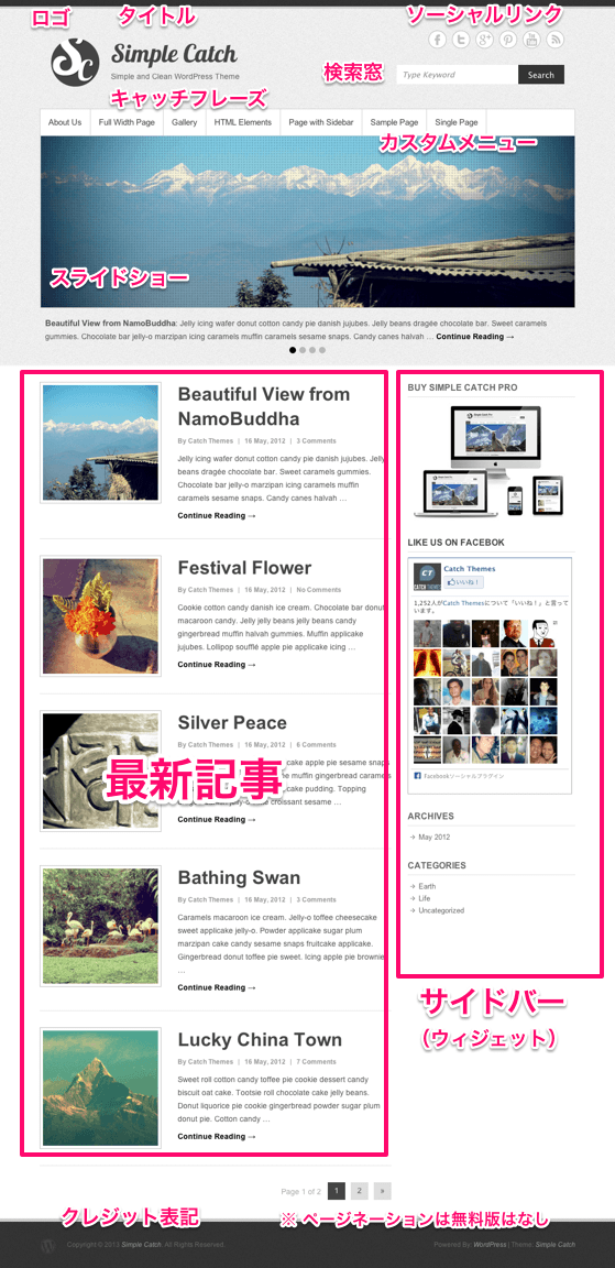 ブログ用の無料WordPressテーマ「simplecatch」のトップページのデザイン