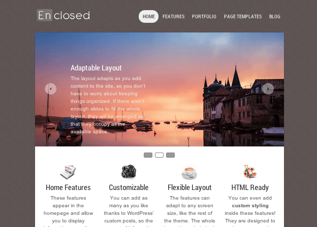 ビジネスやポートフォリオサイト用の無料WordPressテーマ「enclosed」のトップページイメージ