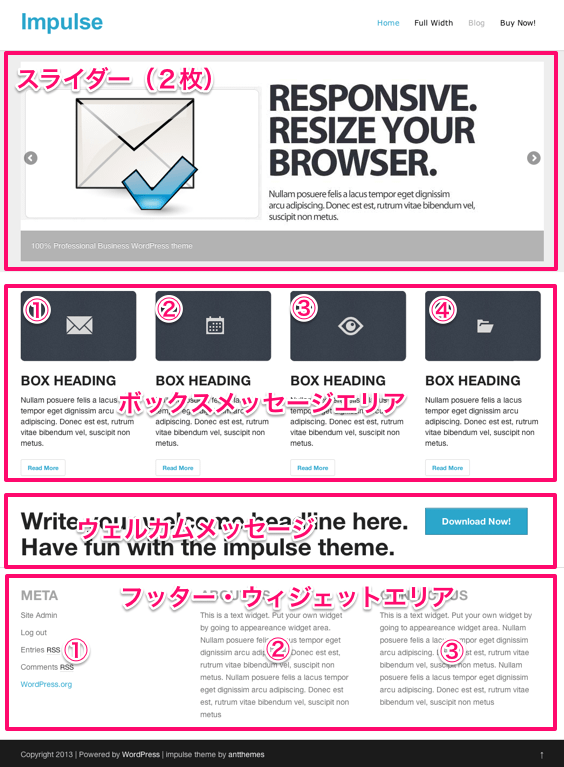 ビジネス用の無料WordPressテーマ「impulse」のトップページのデザイン