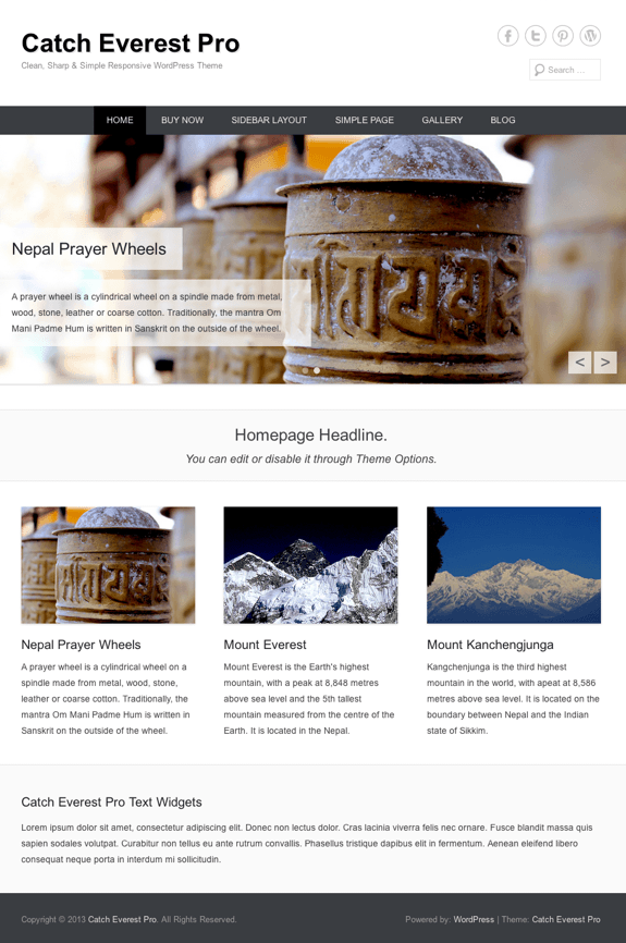 ブログやビジネス用の無料WordPressテーマ「catcheverest」のインストール直後の状態