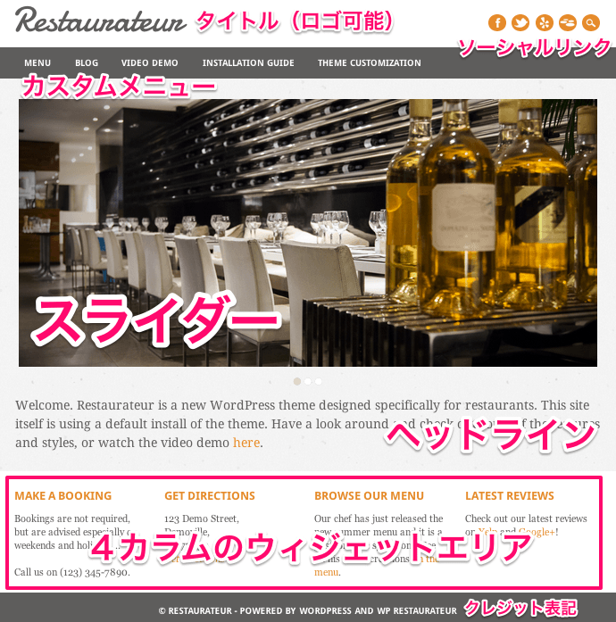 レストラン-店舗用の無料WordPressテーマ「restaurateur」のトップページのデザイン
