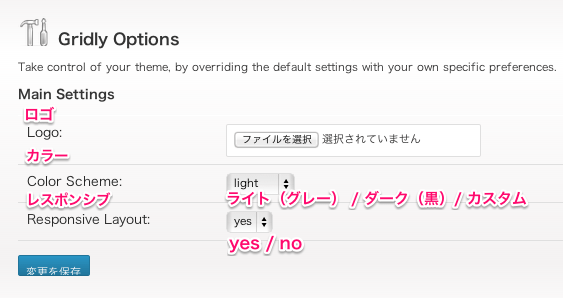 ポートフォリオ-ブログ用の無料WordPressテーマ「Gridly」のテーマ独自のカスタマイズメニュー