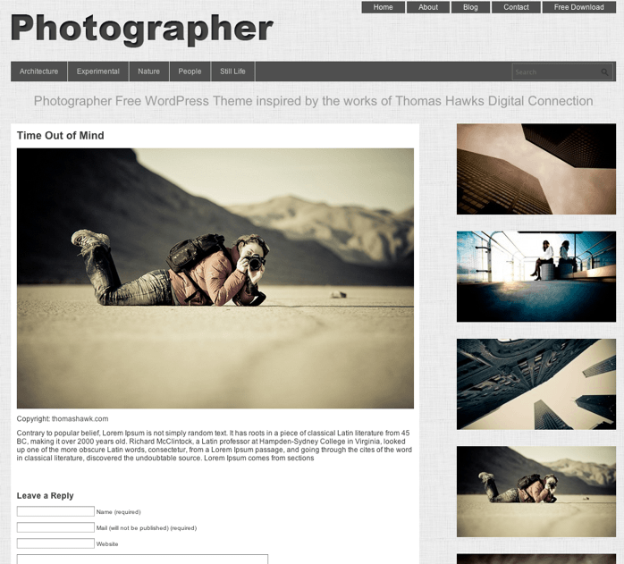 写真ギャラリー-ポートフォリオ用の無料WordPressテーマ「Photographer」の投稿ページデザイン