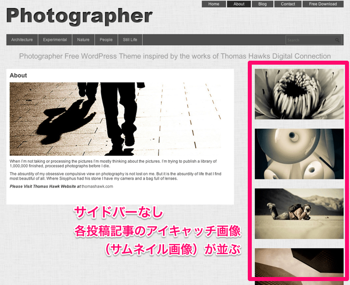 写真ギャラリー-ポートフォリオ用の無料WordPressテーマ「Photographer」の固定ページのデザイン